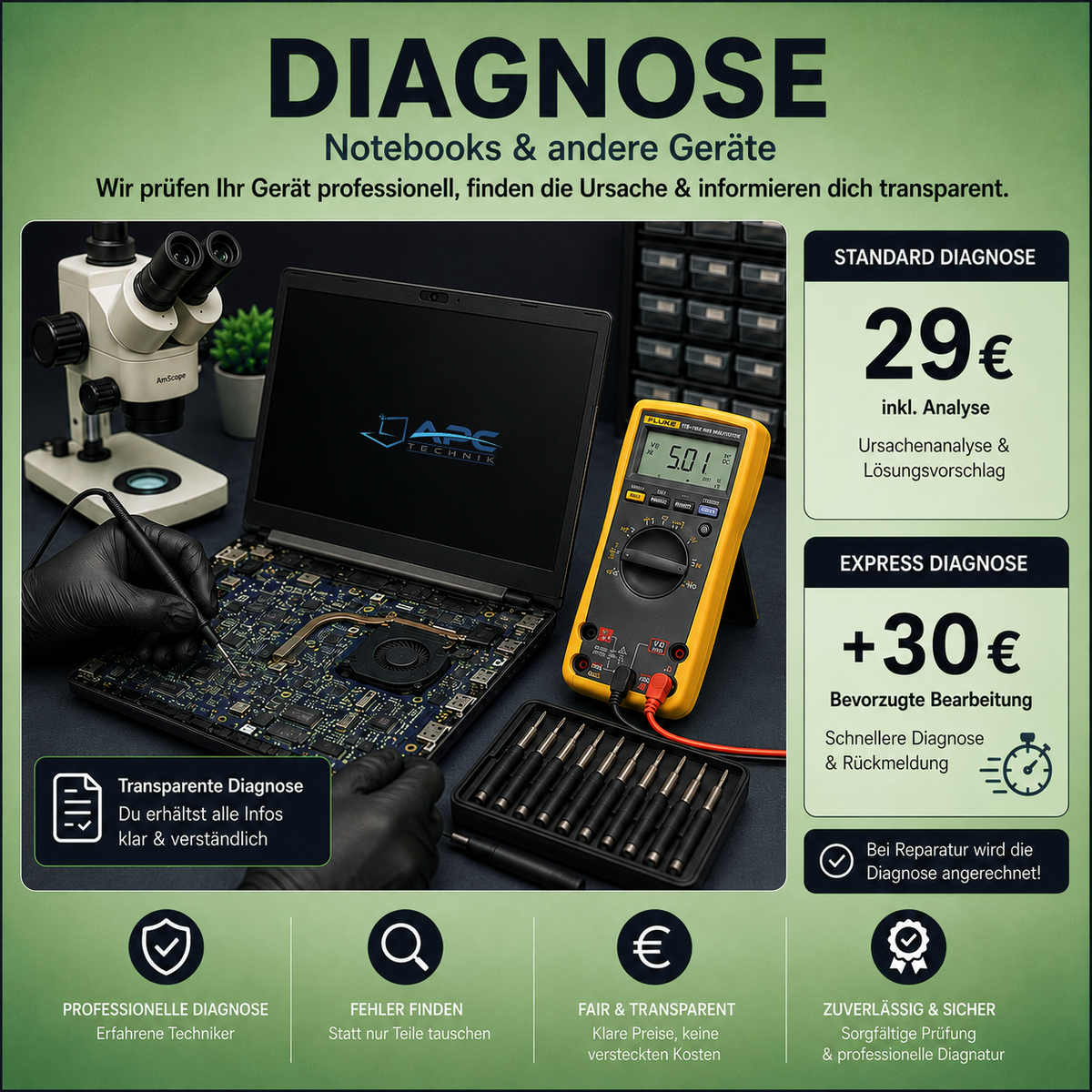 Diagnose für Laptops, Notebooks, PCs, Tablets, Smartphones & weitere Elektronik