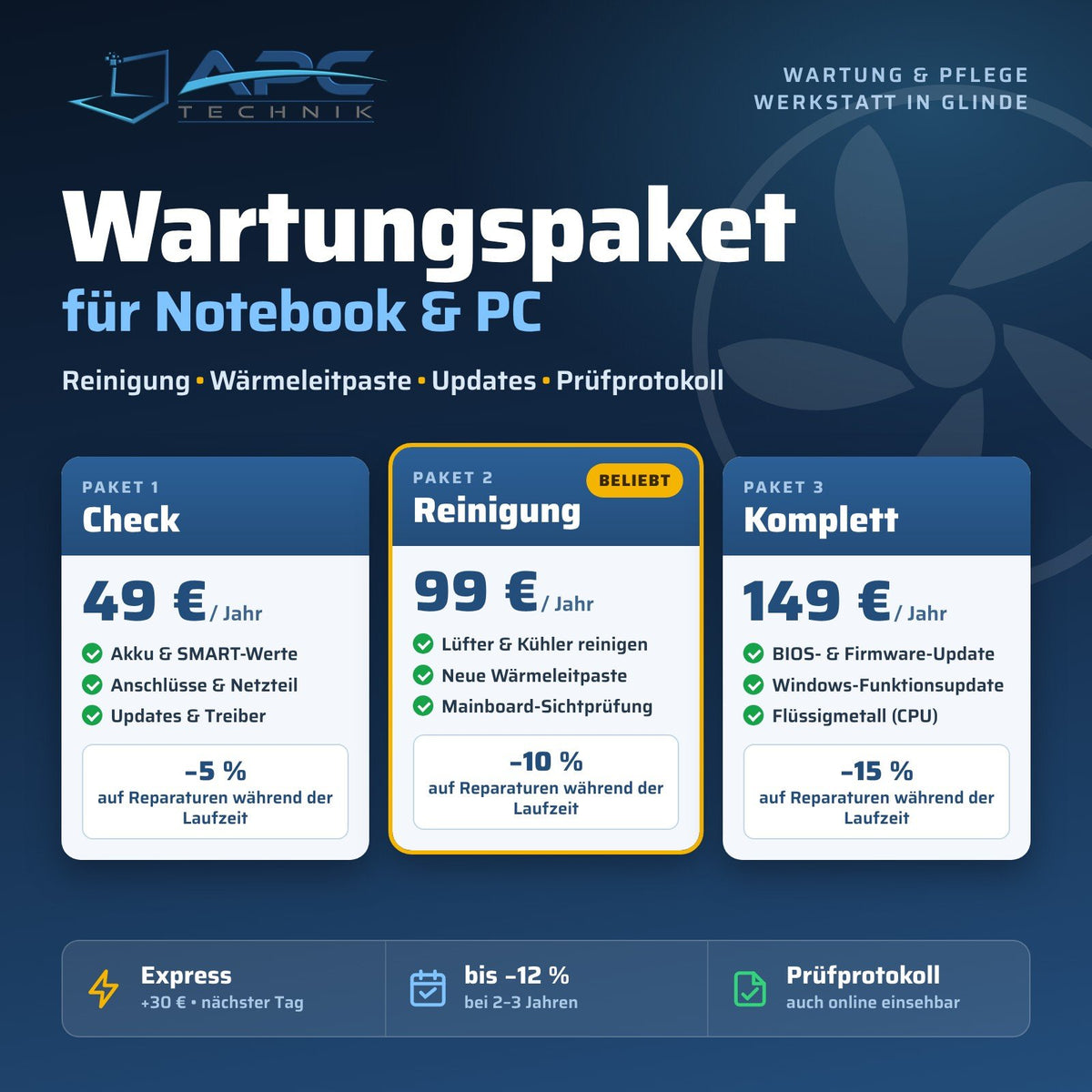 Wartungspaket für Notebook & PC – Check, Reinigung oder Komplett